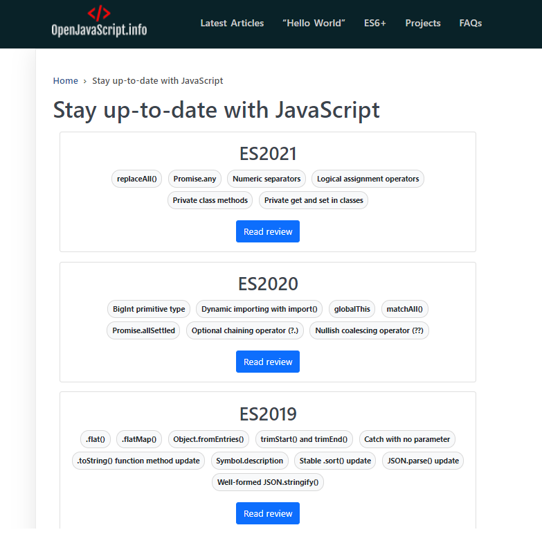 JavaScript ES6+ updates section preview