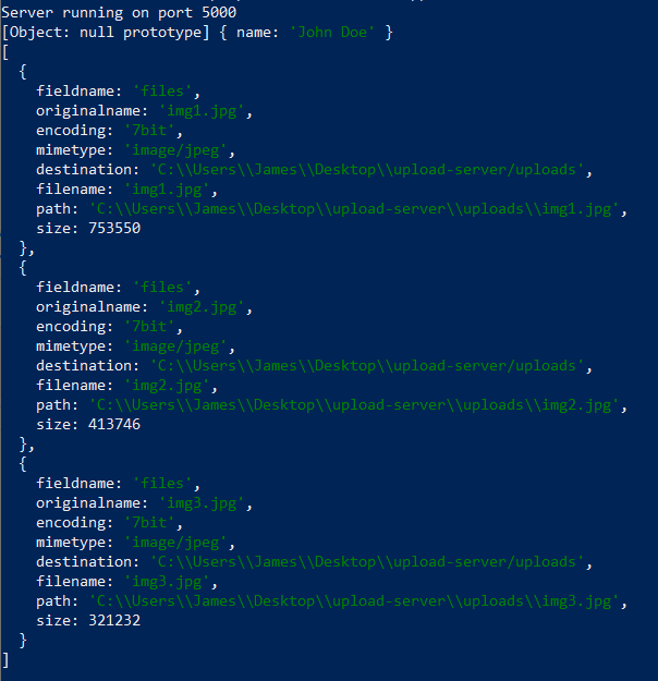 Console output after uploading files with Multer.