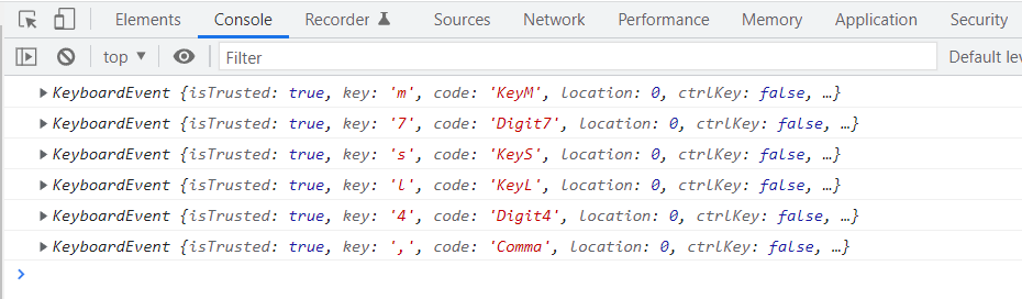 Keyboard input event objects logged to the console
